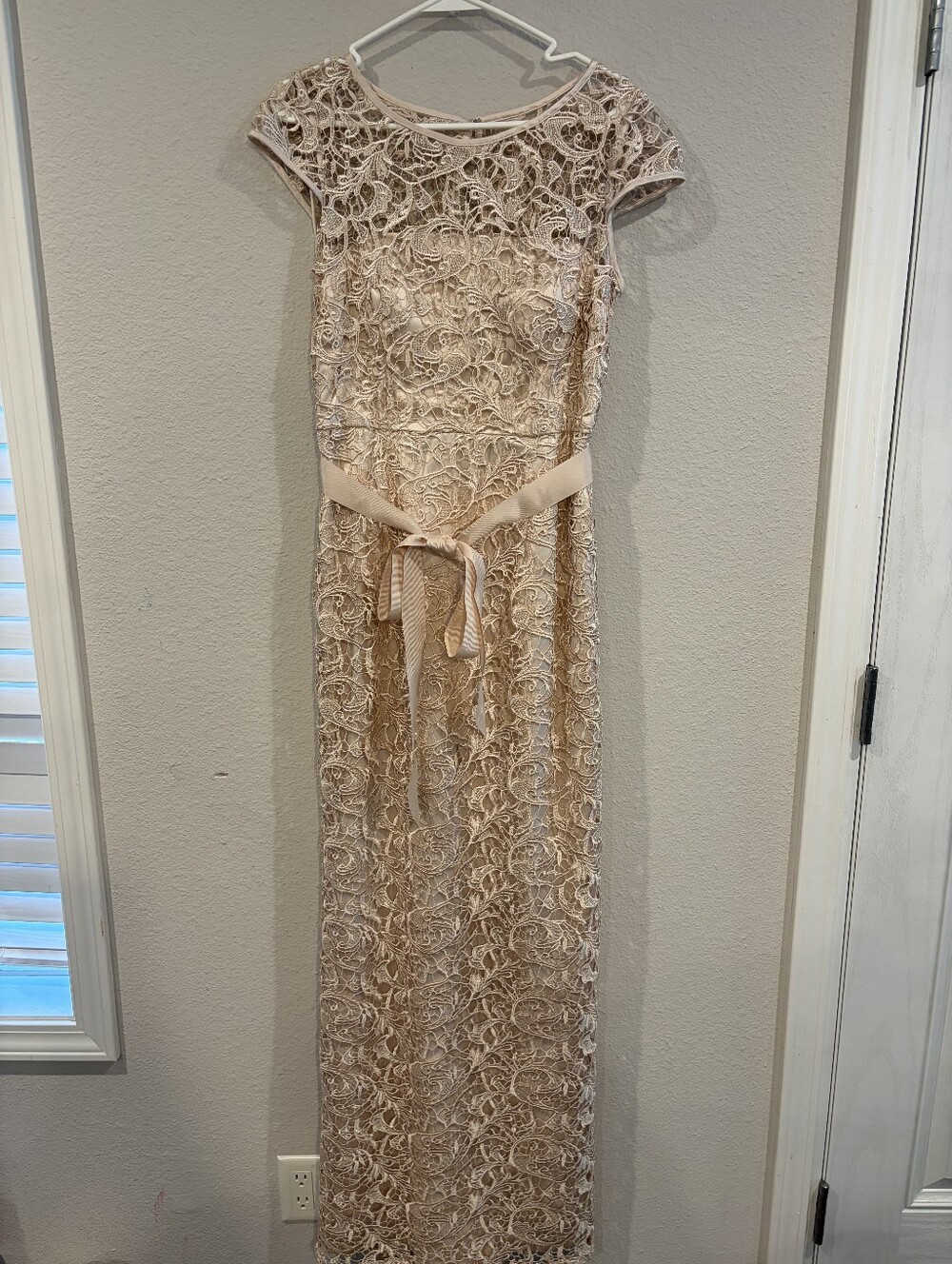 Adrianna Papell Womens Cream Nude Lace Short Sleeve Belted Maxi Dress Size 10